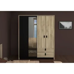Armoire KIERAN 4 portes 2 tiroirs imitation chêne et noir L162 P52,1 H199,2 cm