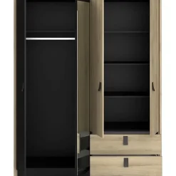 Armoire KIERAN 4 portes 2 tiroirs imitation chêne et noir L162 P52,1 H199,2 cm