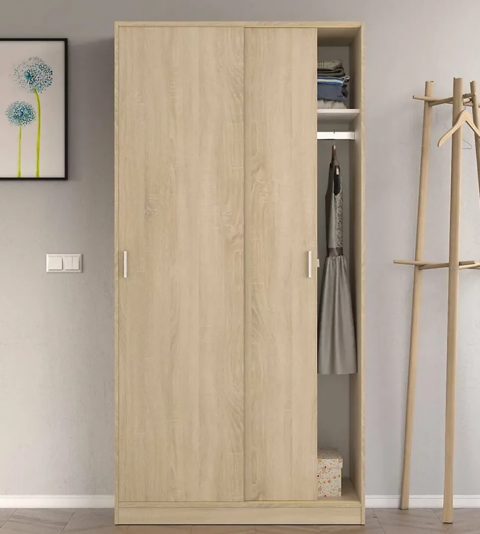 Armoire Lansing, Armoire de chambre avec 2 portes coulissantes, Armoire avec Etagere et tringle à vêtements, 100x50h200 cm, Chêne
