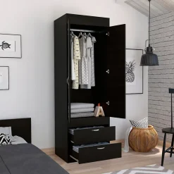 Armoire Lisboa, avec 2 tiroirs et rail de suspension , 178.81 cm X 59.18 cm X 48 cm , Noir