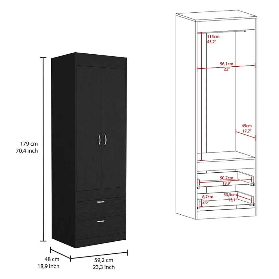 Armoire Lisboa, avec 2 tiroirs et rail de suspension , 178.81 cm X 59.18 cm X 48 cm , Noir