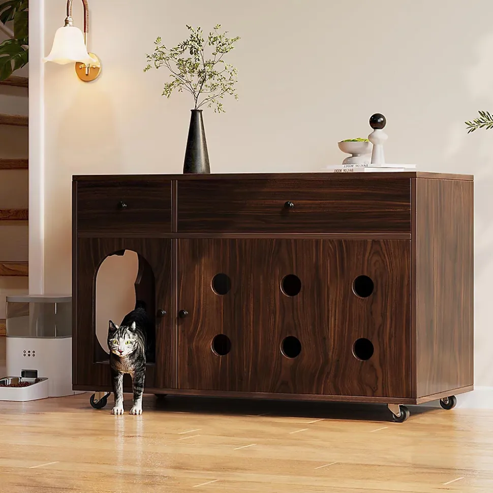 Armoire litière chat 100x45x66cm - noyer, plateau amovible, anti-odeurs