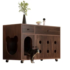Armoire litière chat 100x45x66cm - noyer, plateau amovible, anti-odeurs