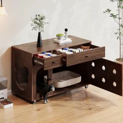 Armoire litière chat 100x45x66cm - noyer, plateau amovible, anti-odeurs