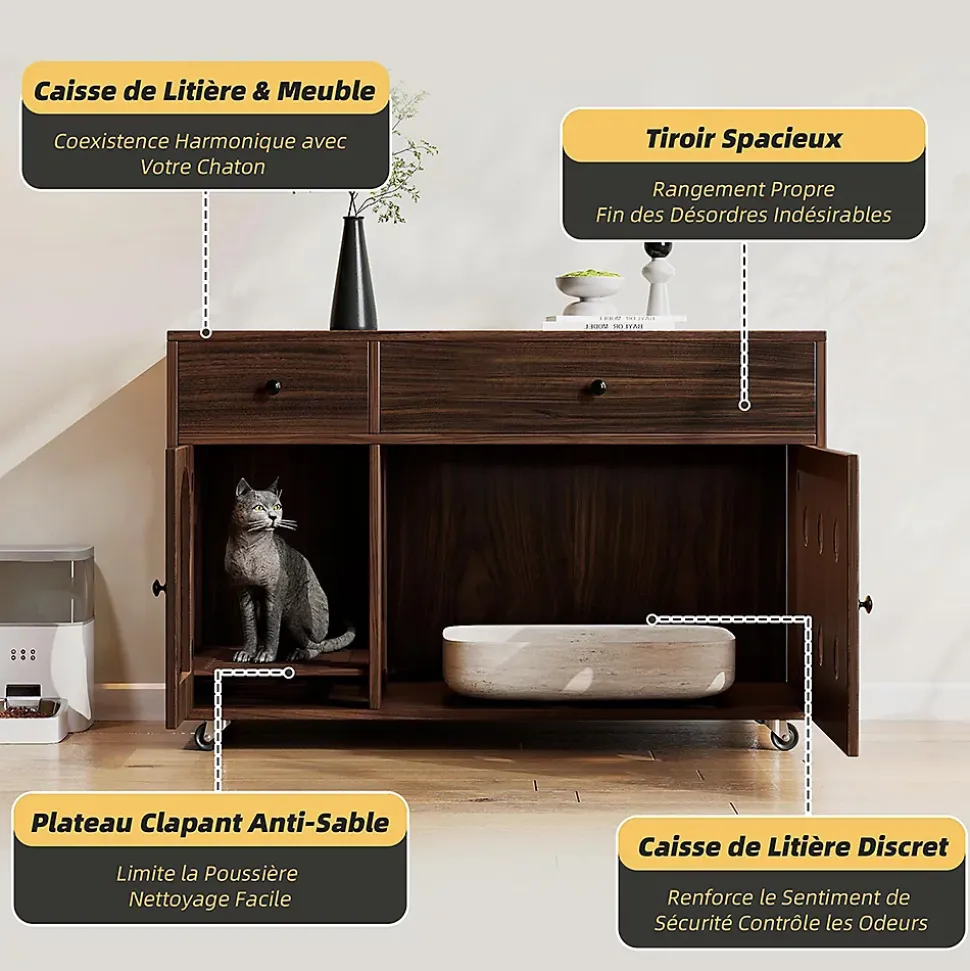 Armoire litière chat 100x45x66cm - noyer, plateau amovible, anti-odeurs