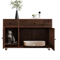 Armoire litière chat 100x45x66cm - noyer, plateau amovible, anti-odeurs