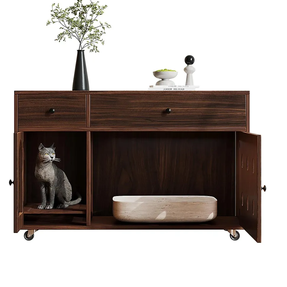 Armoire litière chat 100x45x66cm - noyer, plateau amovible, anti-odeurs