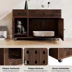 Armoire litière chat 100x45x66cm - noyer, plateau amovible, anti-odeurs