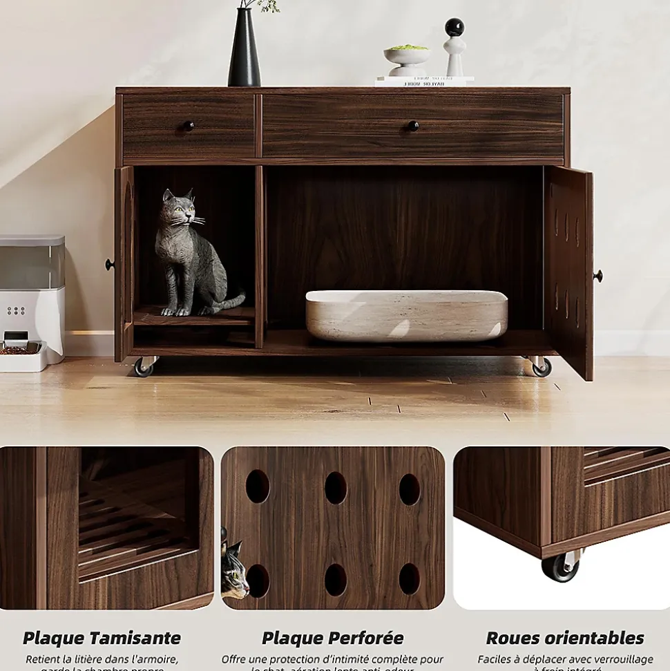 Armoire litière chat 100x45x66cm - noyer, plateau amovible, anti-odeurs