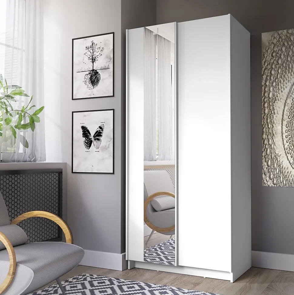 Armoire LYSIA 2 portes coulissantes avec miroir 80 x 182 x 55 cm Coloris blanc