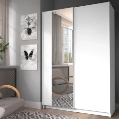 Armoire LYSIA 2 portes coulissantes avec miroir 120 x 182 x 55 cm Coloris blanc