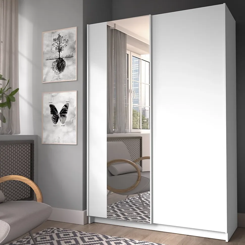 Armoire LYSIA 2 portes coulissantes avec miroir 120 x 182 x 55 cm Coloris blanc