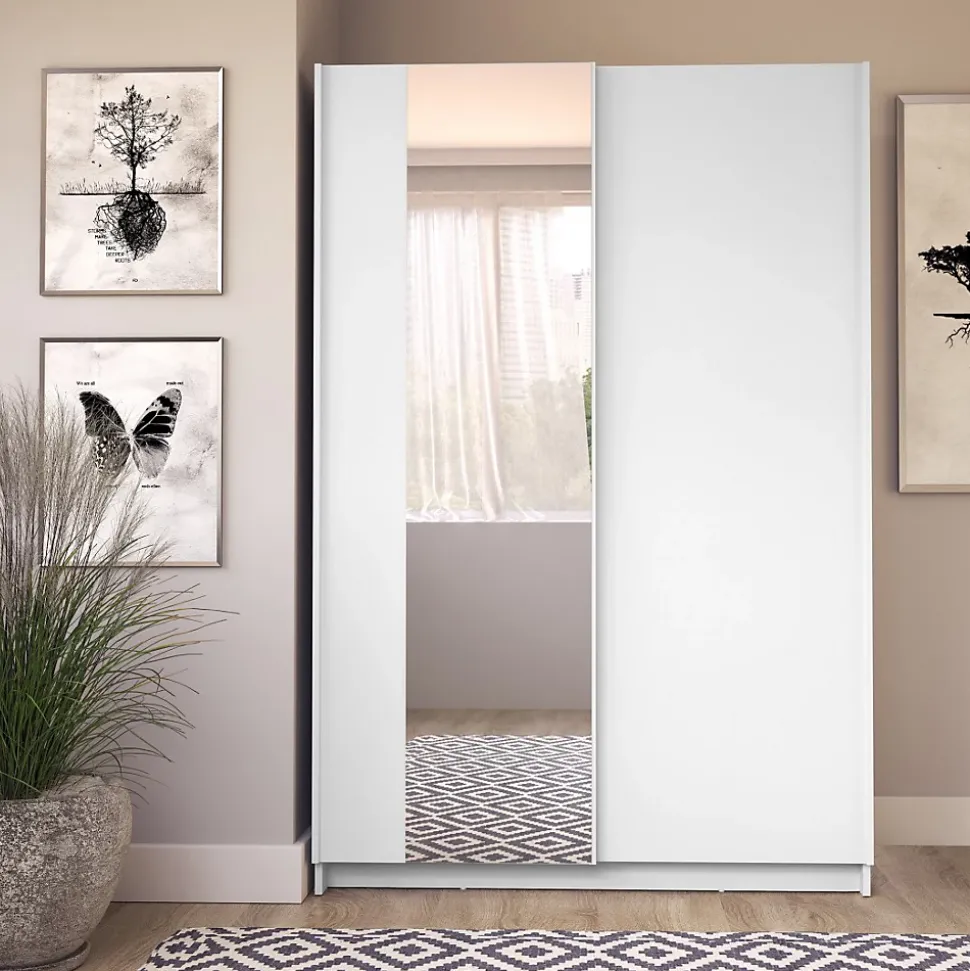 Armoire LYSIA 2 portes coulissantes avec miroir 120 x 182 x 55 cm Coloris blanc