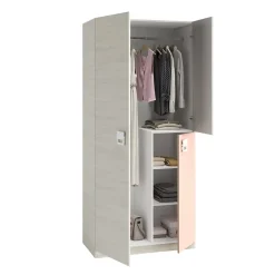 Armoire Manchester, armoire de chambre, armoire avec 3 portes et 3 Etageres avec tringle à vêtements, 90x52h200 cm, gris et rose