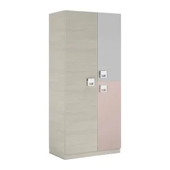Armoire Manchester, armoire de chambre, armoire avec 3 portes et 3 Etageres avec tringle à vêtements, 90x52h200 cm, gris et rose