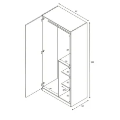 Armoire Manchester, armoire de chambre, armoire avec 3 portes et 3 Etageres avec tringle à vêtements, 90x52h200 cm, gris et rose