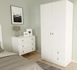 Armoire, meuble de rangement avec 2 portes et 2 tiroirs coloris blanc - Hauteur 200 x Longueur 100 x profondeur 51 cm