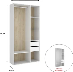 Armoire, meuble de rangement avec 2 tiroirs coloris chêne naturel, blanc - Longueur 98 x Profondeur 45 x Hauteur 205 cm