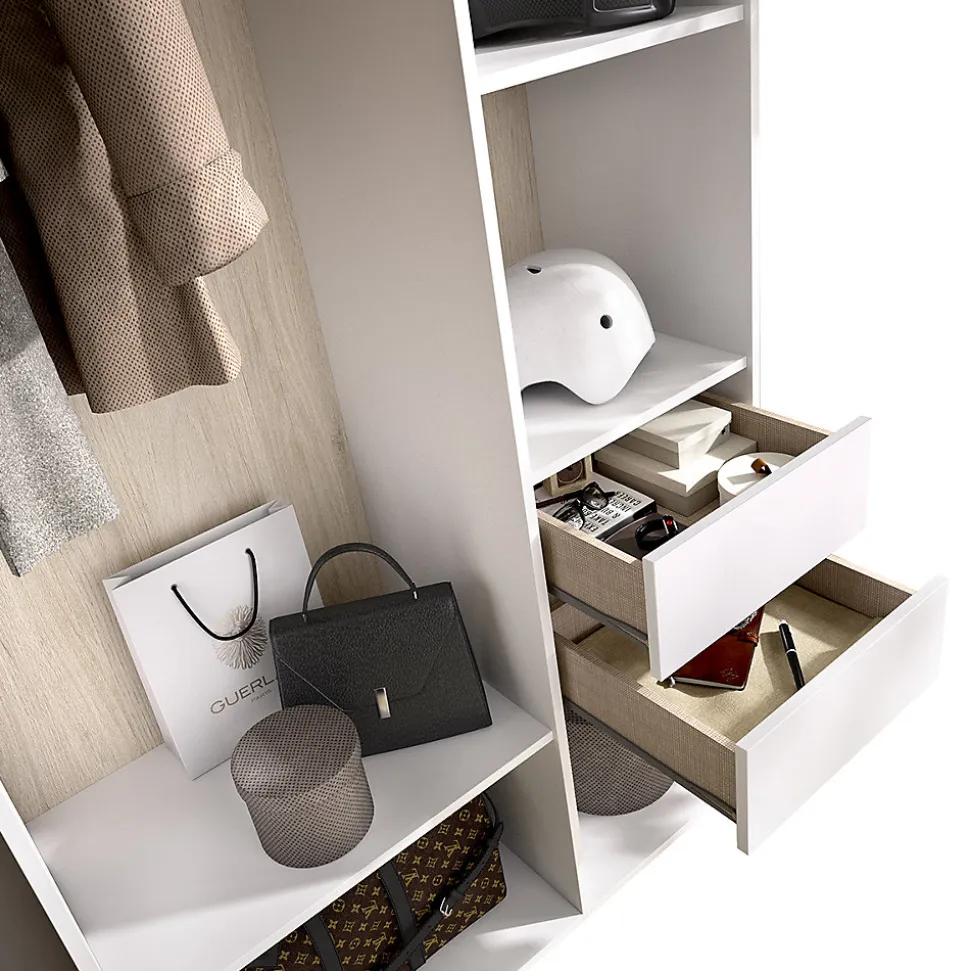 Armoire, meuble de rangement avec 2 tiroirs coloris chêne naturel, blanc - Longueur 98 x Profondeur 45 x Hauteur 205 cm