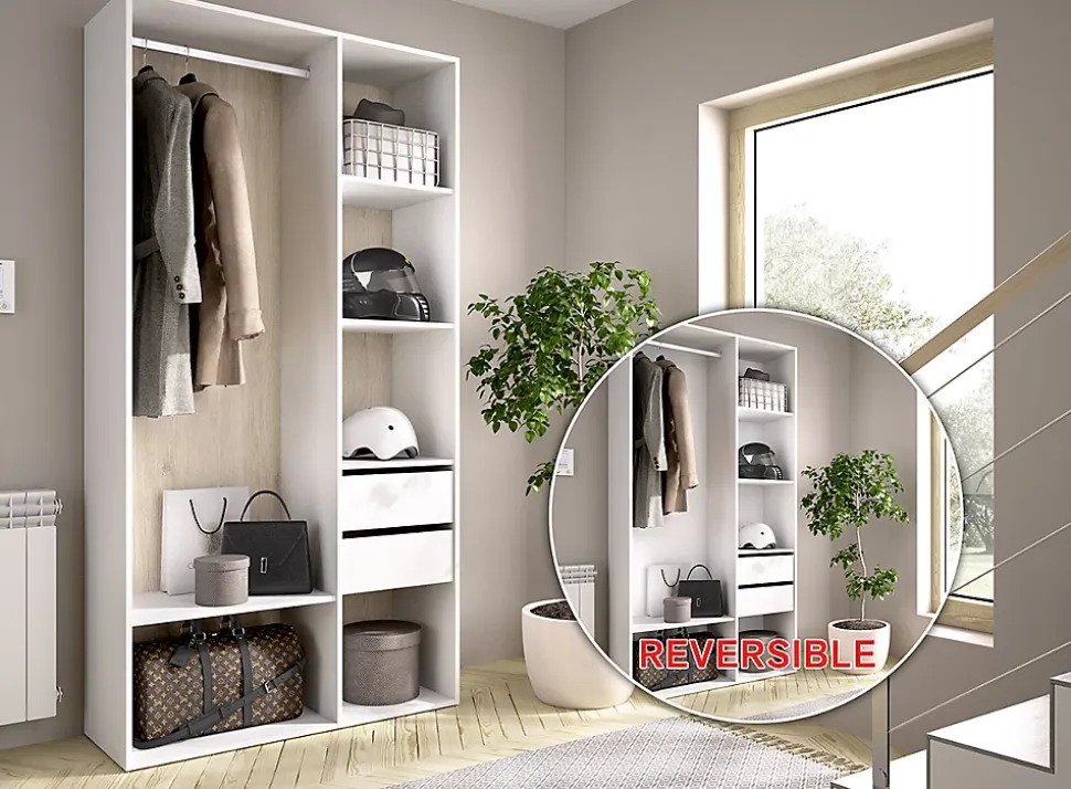 Armoire, meuble de rangement avec 2 tiroirs coloris chêne naturel, blanc - Longueur 98 x Profondeur 45 x Hauteur 205 cm