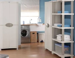 Armoire meuble de rangement 2 portes intérieur/extérieur coloris beige - Longueur 70 x Profondeur 45 x Hauteur 184 cm