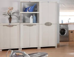 Armoire meuble de rangement 4 étagères intérieur/extérieur coloris beige - Longueur 90 x Profondeur 45 x Hauteur 184 cm