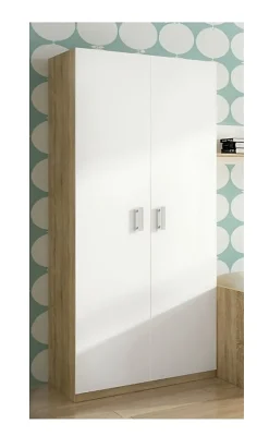 Armoire, meuble de rangement 2 portes coloris Chêne cambrian/Blanc - Longueur 90 x profondeur 50 x hauteur 199,4 cm