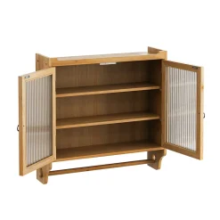 Armoire Murale avec Portes Vitrées et Porte-Serviettes, Meuble de Salle de Bain en Bois Massif, Étagères - 60x18x60 cm - Naturel