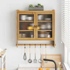 Armoire Murale avec Portes Vitrées et Porte-Serviettes, Meuble de Salle de Bain en Bois Massif, Étagères - 60x18x60 cm - Naturel