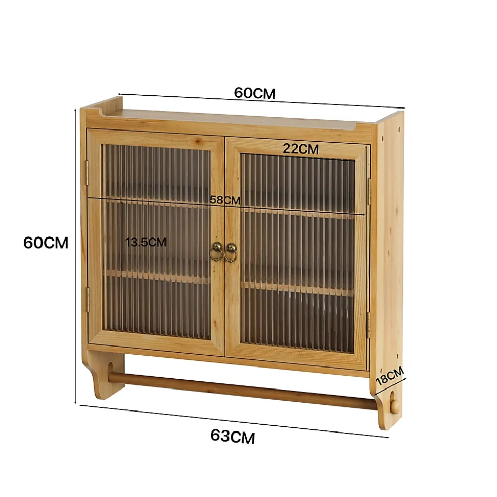 Armoire Murale avec Portes Vitrées et Porte-Serviettes, Meuble de Salle de Bain en Bois Massif, Étagères - 60x18x60 cm - Naturel