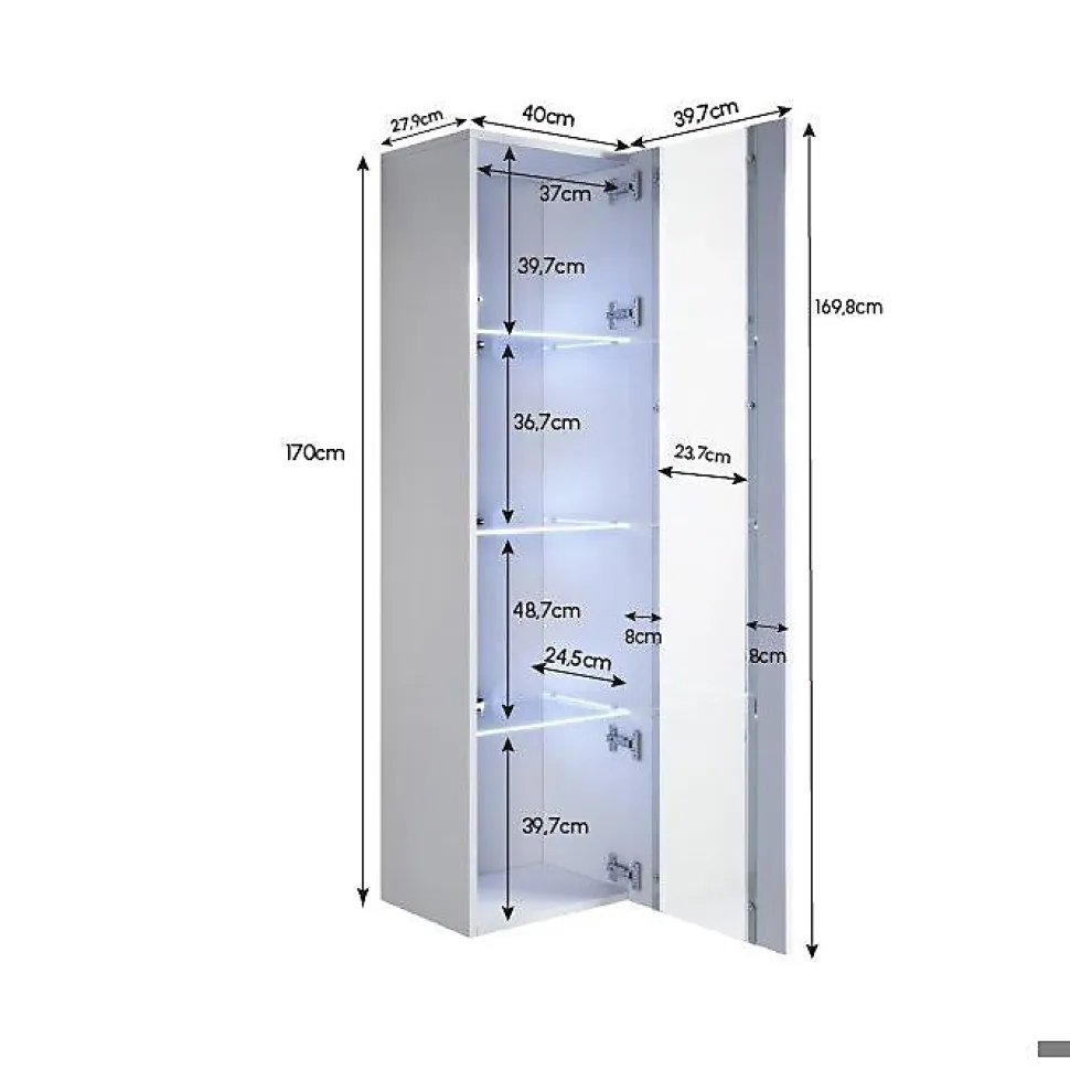 Armoire Murale Vitrine LED - 40 x 170 x 29cm - Blanc Finition brillante - 4 compartiments 4 vitrines - Rangement - NORA V5