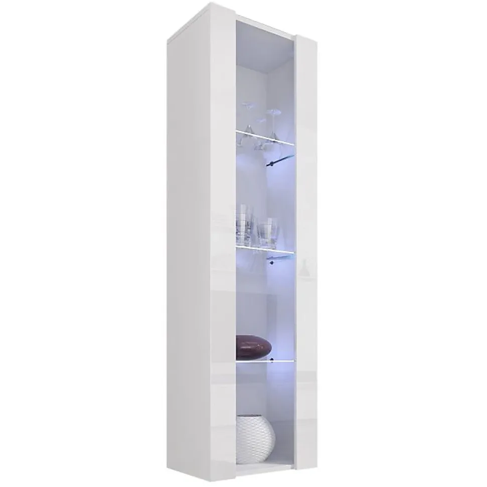 Armoire Murale Vitrine LED - 40 x 170 x 29cm - Blanc Finition brillante - 4 compartiments 4 vitrines - Rangement - NORA V5