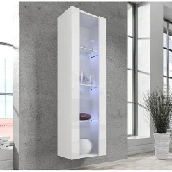 Armoire Murale Vitrine LED - 40 x 170 x 29cm - Blanc Finition brillante - 4 compartiments 4 vitrines - Rangement - NORA V5