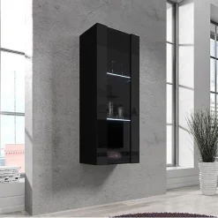 Armoire Murale Vitrine LED - 40 x 126 x 29cm - Noir Finition brillante - 3 compartiments 3 vitrines - Rangement - NORA V2