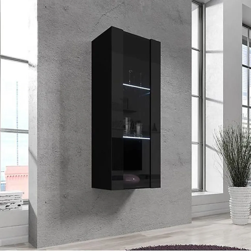 Armoire Murale Vitrine LED - 40 x 126 x 29cm - Noir Finition brillante - 3 compartiments 3 vitrines - Rangement - NORA V2