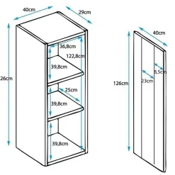 Armoire Murale Vitrine LED - 40 x 126 x 29cm - Noir Finition brillante - 3 compartiments 3 vitrines - Rangement - NORA V2