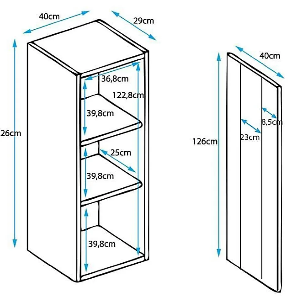 Armoire Murale Vitrine LED - 40 x 126 x 29cm - Noir Finition brillante - 3 compartiments 3 vitrines - Rangement - NORA V2