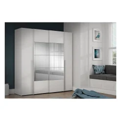 Armoire NARAGO Blanc Mat 200x61x210 cm 4 portes miroir 10 tablettes 2 tringles