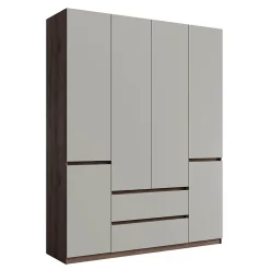 Armoire NUBIA 180 cm noyer et gris 6 portes battantes avec 2 tiroirs