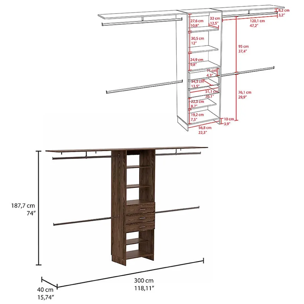 Armoire ouverte Plego, avec 3 tiroirs, étagère et rails de suspension, 187.45 cm X 299.97 cm X 41.40 cm , Brown