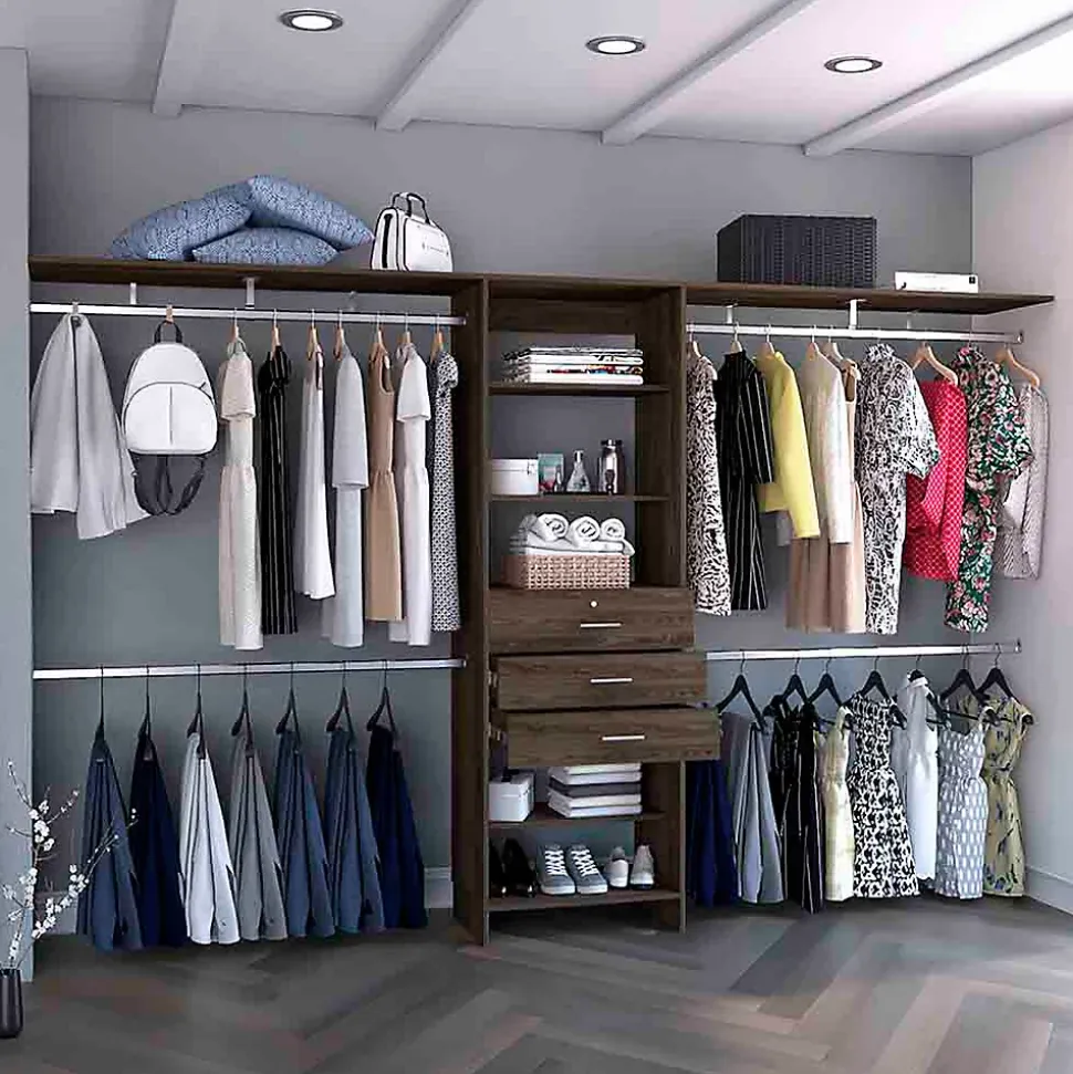 Armoire ouverte Plego, avec 3 tiroirs, étagère et rails de suspension, 187.45 cm X 299.97 cm X 41.40 cm , Brown