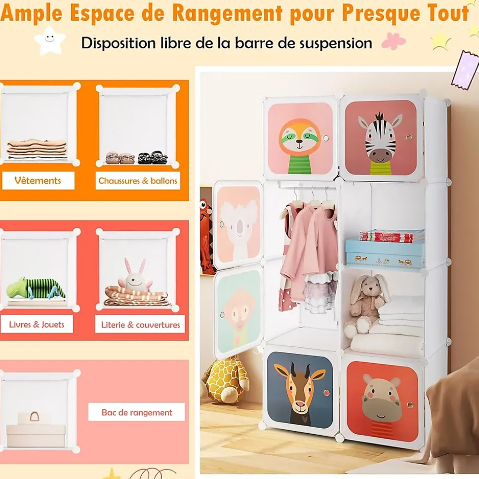 Armoire Penderie à 8 Cubes Modulable en Plastique Bricolées et Empilables avec Portes Charge 10KG pour Salon