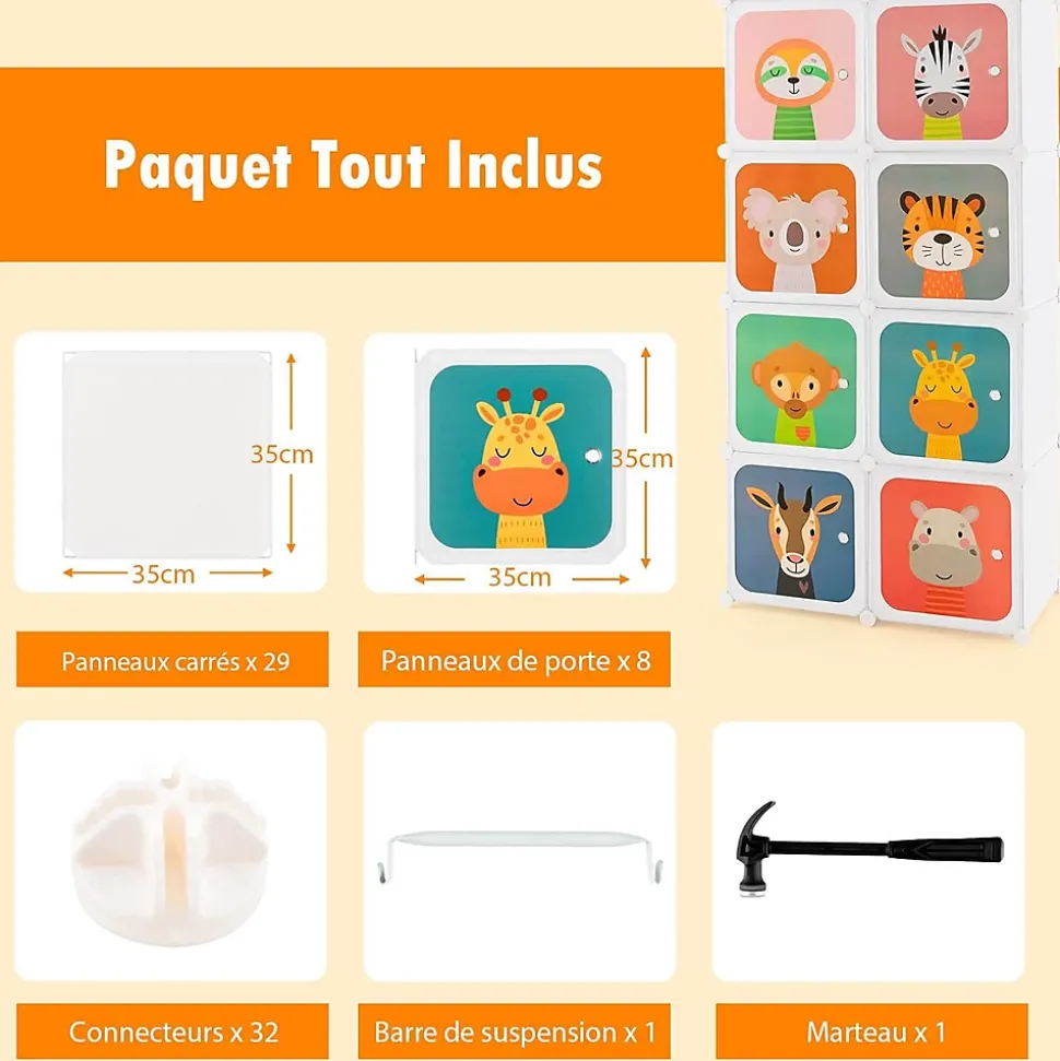 Armoire Penderie à 8 Cubes Modulable en Plastique Bricolées et Empilables avec Portes Charge 10KG pour Salon