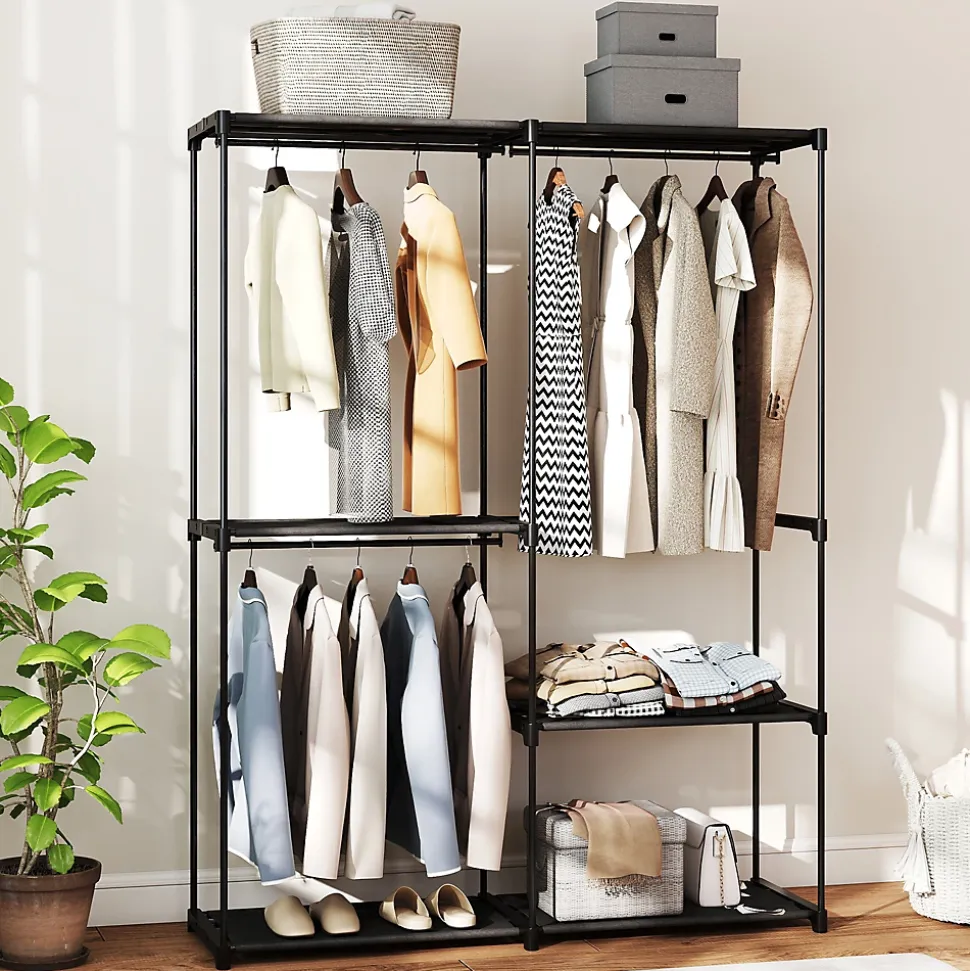 Armoire penderie 3 barres de suspension 4 étagères dim. 142x43x185cm métal pvc non tissé noir