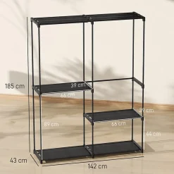Armoire penderie 3 barres de suspension 4 étagères dim. 142x43x185cm métal pvc non tissé noir