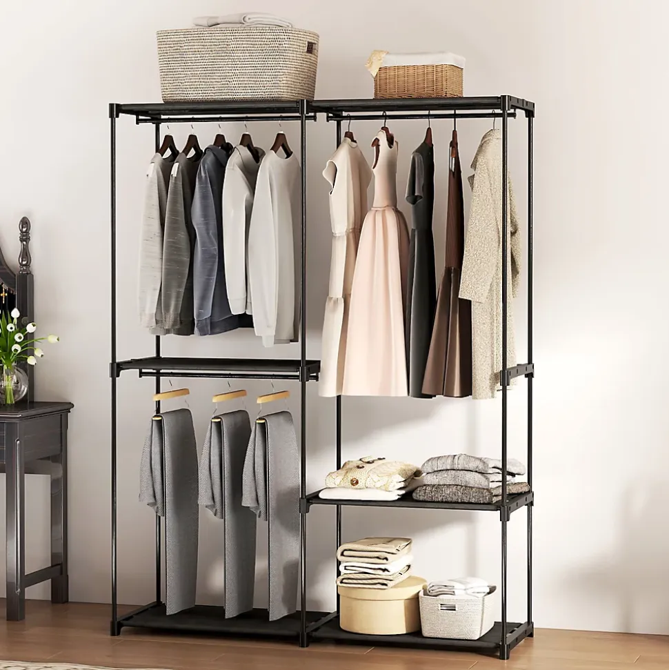 Armoire penderie 3 barres de suspension 4 étagères dim. 142x43x185cm métal pvc non tissé noir