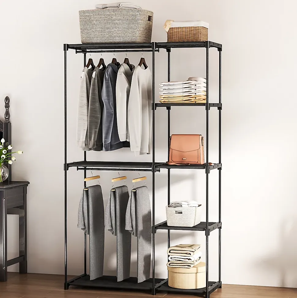Armoire penderie 2 barres de suspension 6 étagères dim. 111x43x185cm métal pvc non tissé noir