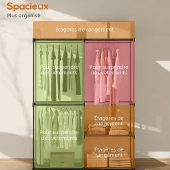 Armoire penderie 2 barres de suspension 6 étagères dim. 111x43x185cm métal pvc non tissé noir