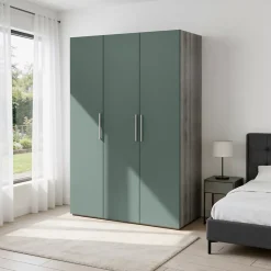 Armoire penderie 3 portes battantes vert forêt et effet chêne grisé GoodHome Atomia H. 225 x L. 150 x P. 58 cm