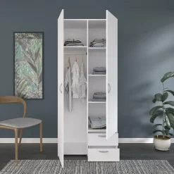 Armoire penderie 2 portes 2 tiroirs blanc l. 80,7 x H. 185 x P. 51,3 cm Daily